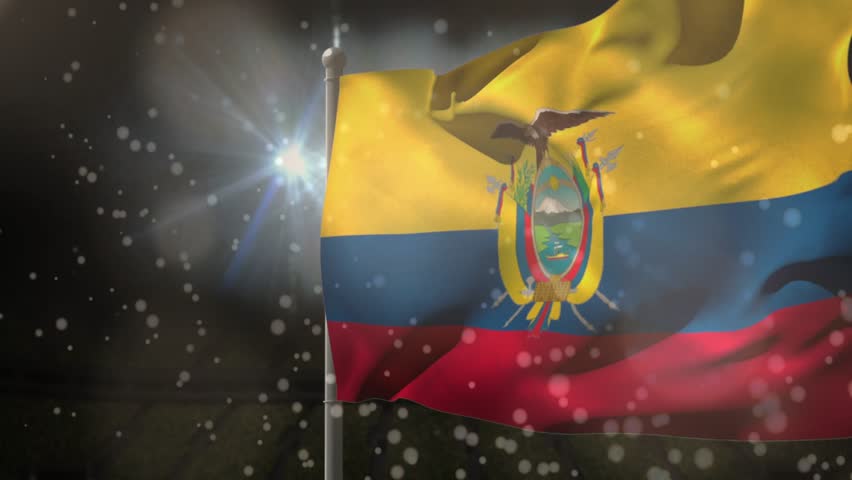 Ecuador national flag catching gust, billowing under spotlight and particles, highlighting crest. Tricolor, banner, ensign, wind, motion, rimlight, cinematic