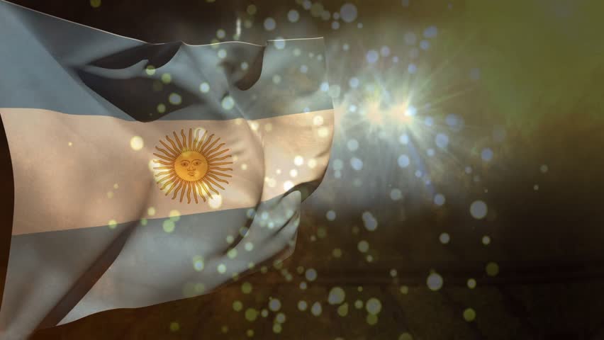 Flag rippling as right flare pulsing, folds moving left-to-right, bokeh grouping to show golden sun. Banner, triband, emblem, undulation, motion, particles, spotlight