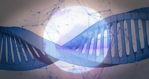 Blue double helix ribbon rotating and sliding after orb rising, revealing rungs and showing data. Dna, strand, twist, glow, neon, scanlines, network - Powered by Shutterstock - Get 15% off with code: PIKWIZARD15