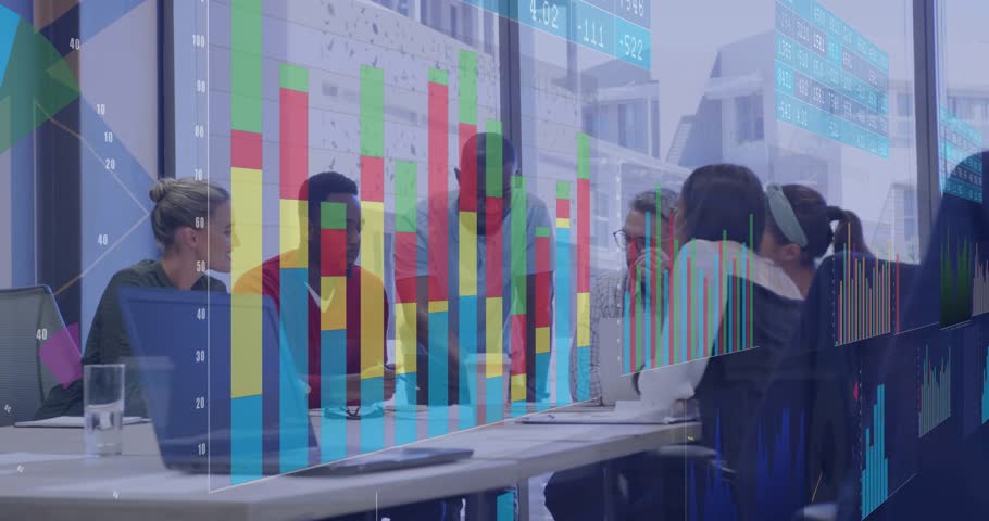 Data overlays appearing, lead leaning, team reviewing charts and phone, analyzing business metrics. Colleagues, collaboration, boardroom, office, modern, daylight, visuals