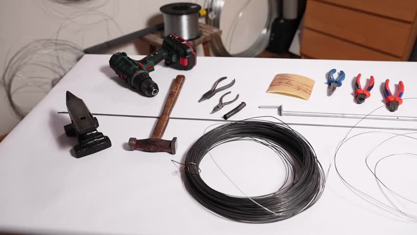 Wide shot of tools, anvil, hammer, pliers and steel wire prepared for traditional Slovak wire craft. Workshop setup for drotarstvo metalworking and handmade folk art production.