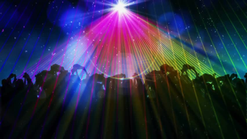 Animation of spotlights and colored laser lights over silhouette of lively crowd at concert. Music, excitement, crowd, entertainment, concert and event, digitally generated video.