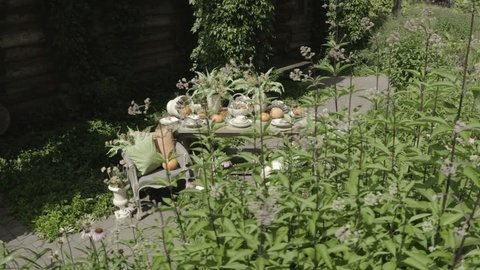 Aerial View of Rustic Pumpkin Table in Lush Garden