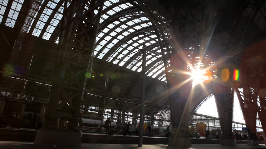 The sun illuminates the main hall of Frankfurt a.M. central station with