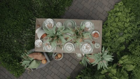 Aerial View of Rustic Table with Pumpkins and Greenery