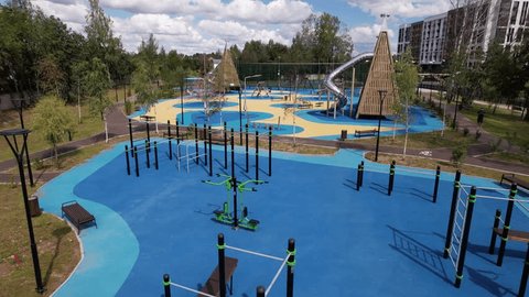 Drone Flying Forward above Sports Playground