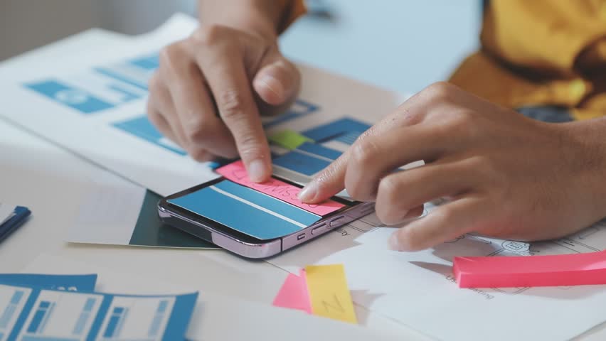 Team of uxui designers pointing at computer screen, discussing new mobile app design in the office

