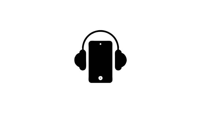 Phone with headphones concept. Black audio listen mobile app graphic concept for entertainment.