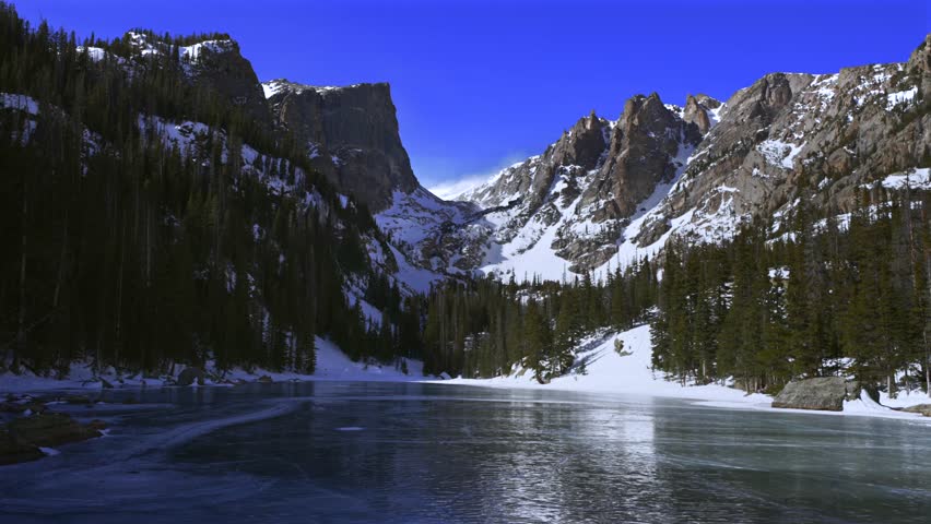 Dream Lake Rocky Mountain National Park RMNP Colorado Winter high alpine frozen ice sunny morning blue sky windy Tyndall Glacier Hallett Peak Flattop Mountains landscape Emerald Lake Bear Lake trail