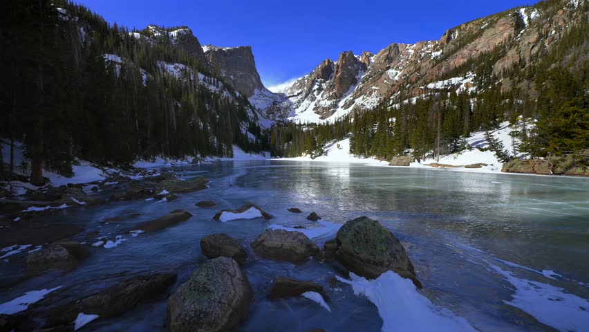 Dream Lake Rocky Mountain National Park RMNP Colorado Winter frozen ice sunny morning blue sky Hallett Peak Flattop Mountains Tyndall Glacier high alpine landscape Emerald Lake Bear Lake trail zoom