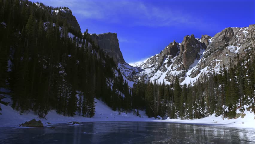 Winter frozen ice Dream Lake Rocky Mountain National Park RMNP Colorado high winds blowing snow Hallett Peak Flattop Mountains Tyndall Glacier landscape high alpine Emerald Lake Bear Lake trail