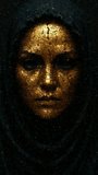 Cinematic portrait of a mystical woman with cracked gold skin and black eyes wearing a dark hood in a dramatic horror atmosphere with textured details, made of cubes - Powered by Shutterstock - Get 15% off with code: PIKWIZARD15