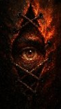 Terrifying close up of a human eye looking through a stitched leather opening with a hellish fire glow in a dark conceptual horror and gore style, made of cubes - Powered by Shutterstock - Get 15% off with code: PIKWIZARD15