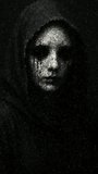 Haunting portrait of a hooded woman with pitch black eyes and dark liquid tears running down a pale cracked face in a creepy gothic horror style, made of cubes - Powered by Shutterstock - Get 15% off with code: PIKWIZARD15