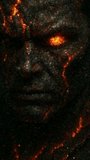 Close up portrait of a demonic man with glowing lava eyes and cracked volcanic skin in a dark hellish underworld setting with intense orange embers, made of cubes - Powered by Shutterstock - Get 15% off with code: PIKWIZARD15