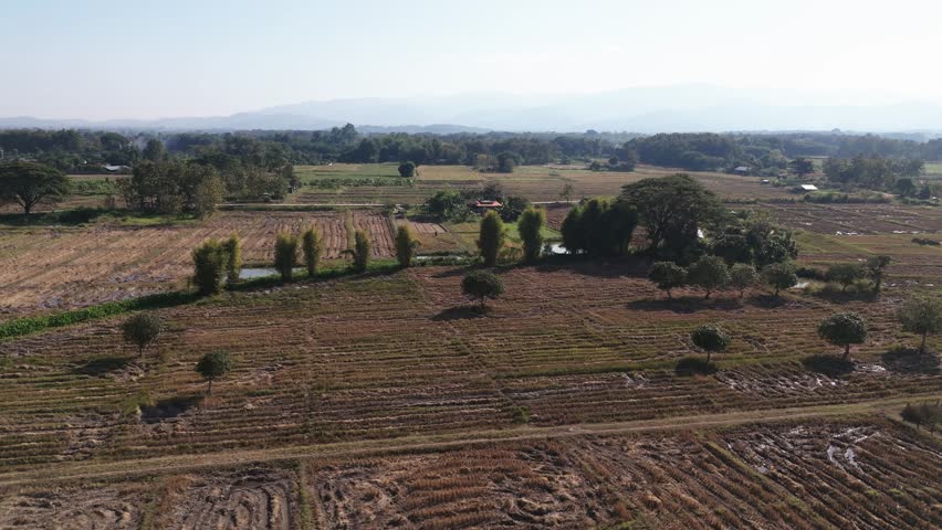 North Thailand aerial view, fields, trees and mountains in background