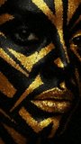 Extreme close up of a face covered in geometric black and gold body paint with golden lips and intense eyes for a futuristic or tribal horror aesthetic, made of cubes - Powered by Shutterstock - Get 15% off with code: PIKWIZARD15