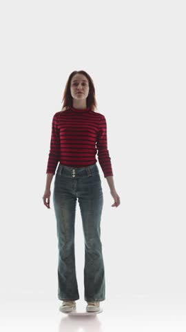 Young woman in red striped top and flared jeans spinning 360 on white background. Concept of casual everyday fashion lookbook, spring style basics and creative personal branding content.