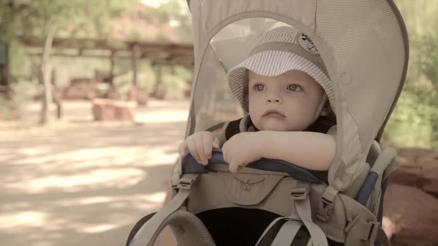 A baby sitting in a carrier at Zion National Park