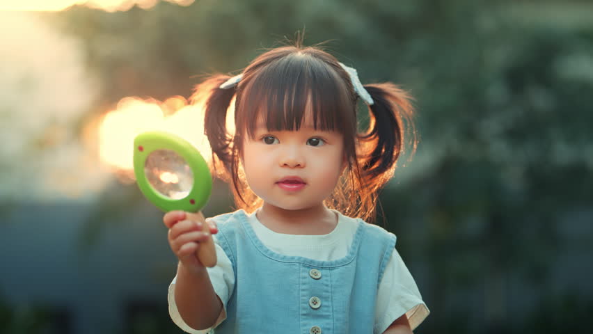 Happy little Asian girl holding toy magnifying glass outdoors, cheerful child exploring nature in the garden, concept of curiosity, STEM education, early childhood discovery, and learning through play