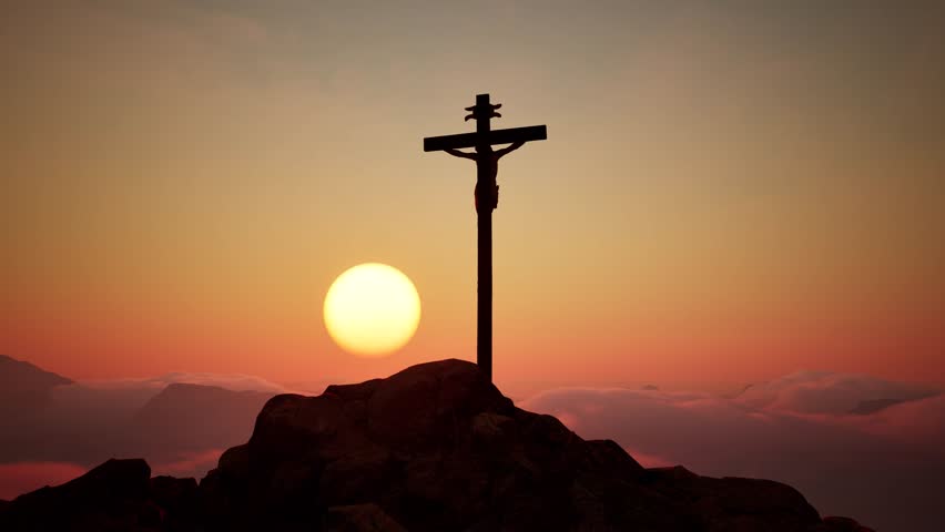 The dramatic silhouette of Jesus Christ on the cross atop Golgotha. A symbol of faith, redemption, and resurrection, against the backdrop of the rising sun. 3D animation.