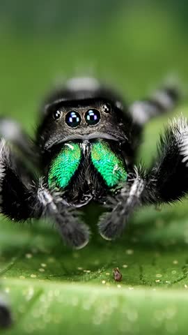 High-resolution extreme macro portrait of a regal jumping spider (Phidippus regius) displaying its vibrant iridescent green chelicerae and detailed facial features. Captured on a natural green leaf with shallow depth of field and smooth bokeh background. This close-up highlights the spider’s large reflective anterior eyes, fine body texture, and striking coloration.