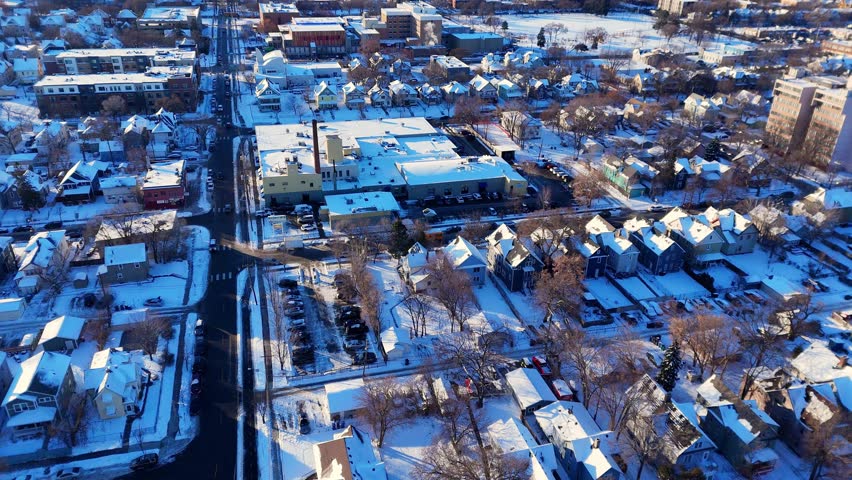 Venture Village neighborhood of Minneapolis, Minnesota, USA in aerial view during winter