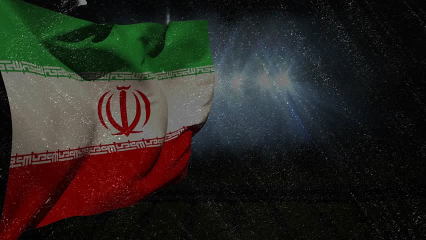 Sky band appearing, tricolor flag entering, waving, rippling and folding, backlit, showing emblem. Banner, cloth, ensign, outdoor, celestial, silhouette, glow