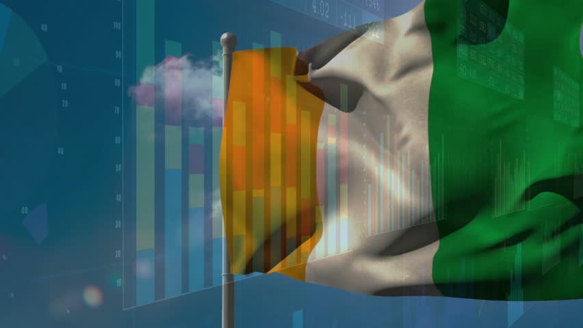 Vertical tricolor flag rippling with wind increasing, light shifting, charts visualizing markets. Ensign, outdoor, clouds, sun, lensflare, overlay, data