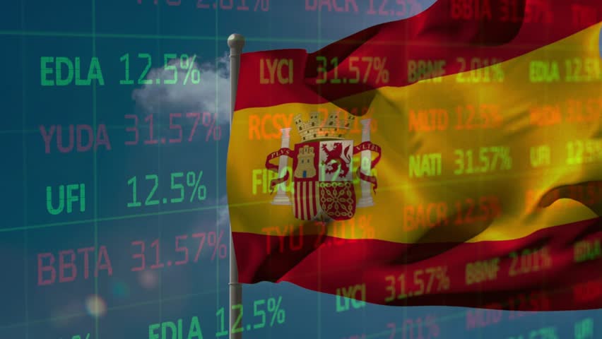 Wind gusting, Spanish flag waving and folding while faint market tickers scrolling changing values. Ensign, crest, tricolor, outdoors, sky, overlay, green