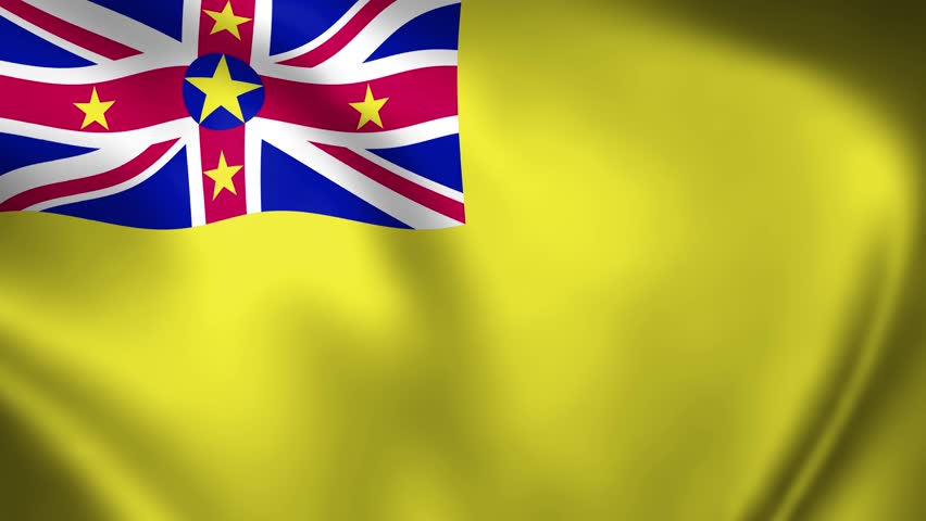 Niue national flag waving in air with yellow field and Union Jack on a background for easy removal.