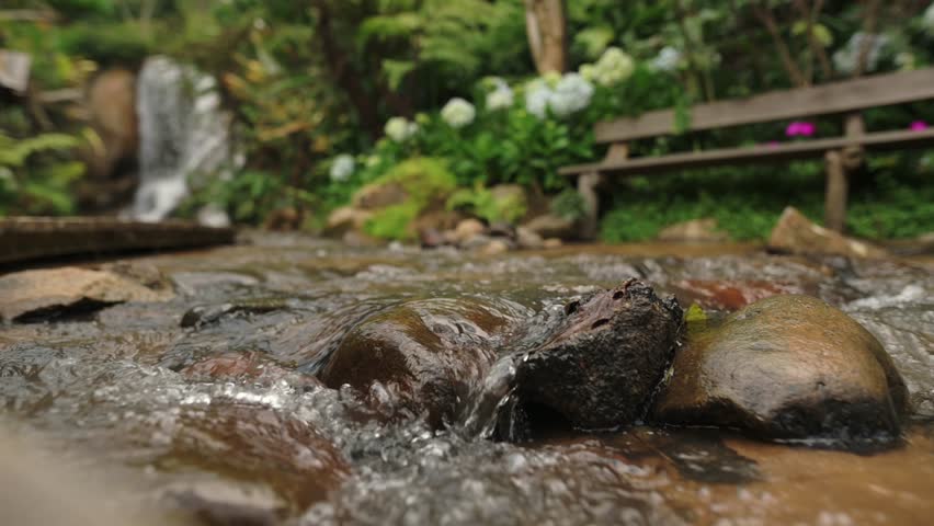 Peaceful Outdoor Environment With Cascading Water And Lush Plants Emphasizing Calmness. Relaxing Garden Scene Showing Flowing Water Over Rocks With Blurred Waterfall In Background And Gentle Splashes