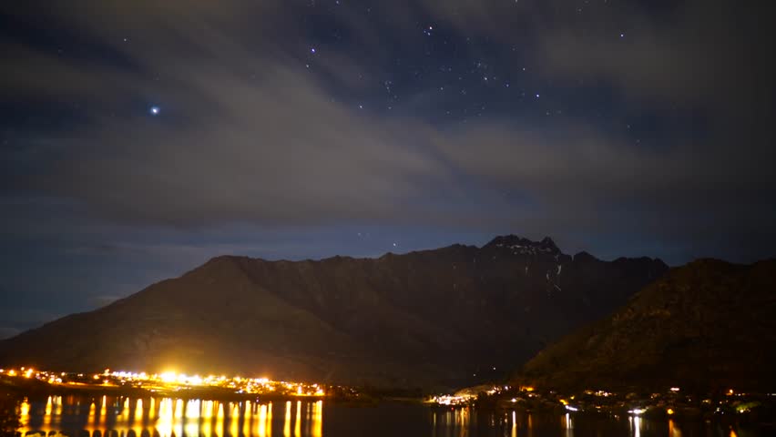 The Remarkables mountain downtown Queenstown Stars Night Time Lapse New Zealand Aotearoa landscape nature Otago Region Peacepark Lake Wakatipu cars clouds lights South Island Jacks Point Wye Creek