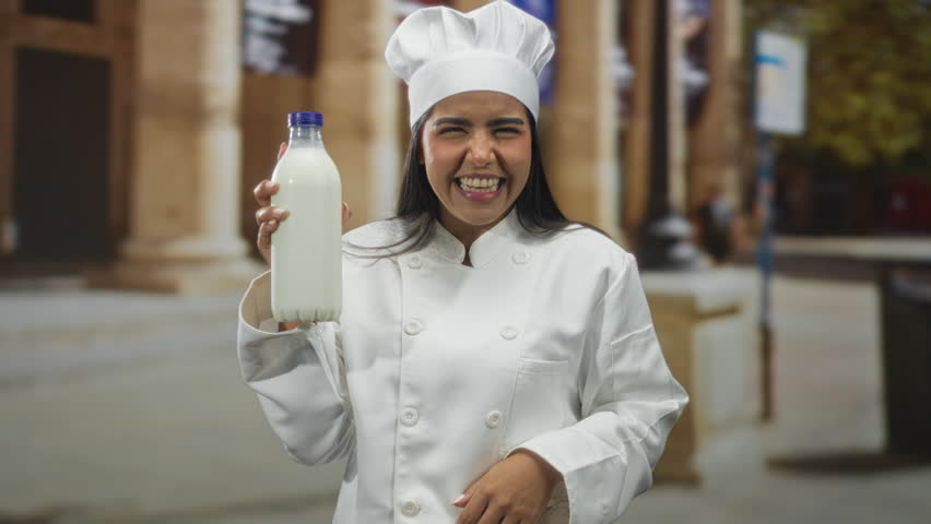 Woman chef holding a milk bottle with hand on chest, smiling on a street in front of stone columns; freshness pride cooking.