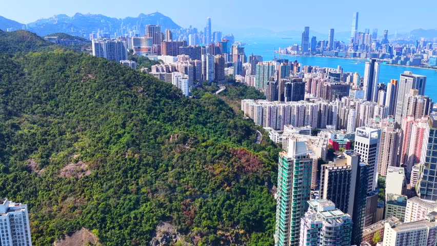 Aerial drone skyview of the residential and commercial area in Hong Kong East District at Victoria Harbour, near Kings Road in Tai Koo Shing and North Point Quarry Bay Shau Kei Wan Sai Wan Ho