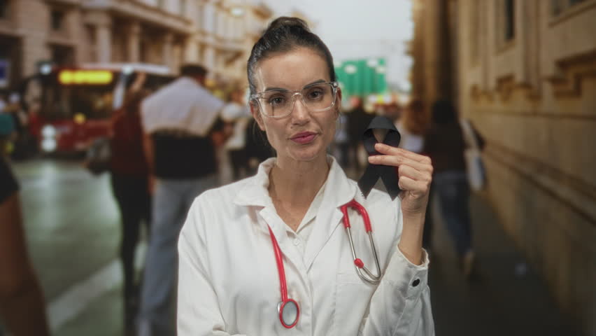 Hispanic doctor wearing glasses and stethoscope holds black ribbon between fingers on crowded street; solidarity awareness.