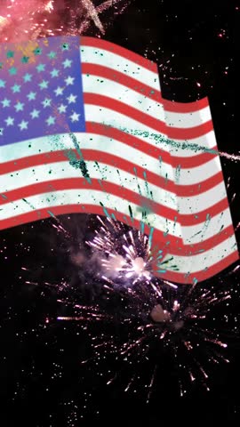 Waving american flag superimposed over a stunning fireworks display against a dark night sky, creating a patriotic and festive scene for celebrating national holidays like the 4th of july