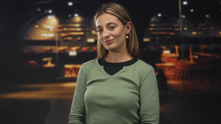 Woman smiling with tilted head and visible face wearing green sweater and gold earrings in a building gallery; quiet confidence.
