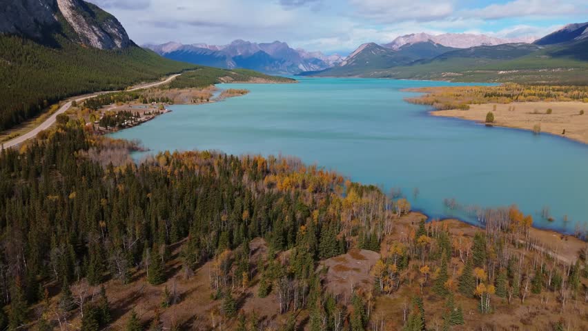 Wide Panoramic View Of Abraham Lake In Autumn