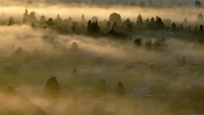 Dense Fog Over Cityscape Of Vancouver At Sunset In British Columbia, Canada