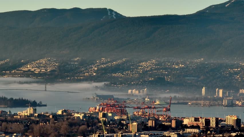 Vancouver Canada Skyline And Harbor At Sunset - Panning Shot