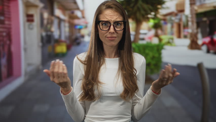 Woman points thumbs to chest on a crowded city street wearing glasses and white top and long hair, expressive face and open mouth questioning gesture; confusion doubt.