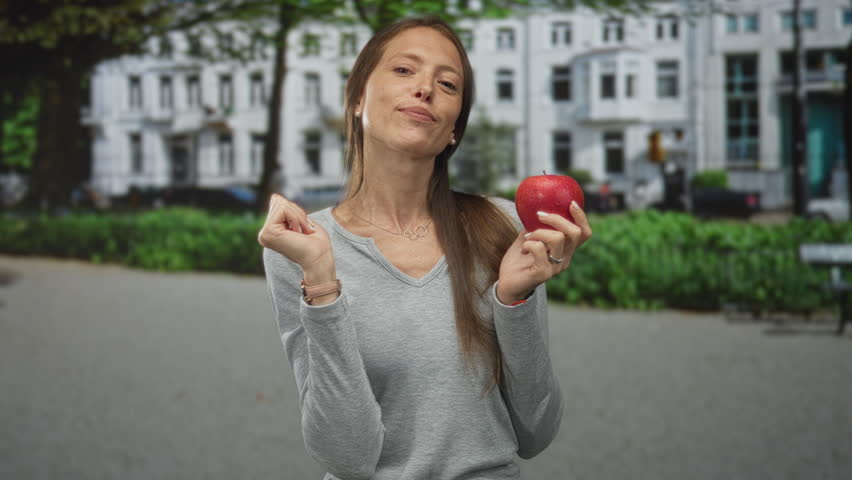 Woman pointing finger with outstretched hand while holding a red apple on a city street near buildings; playful invitation.