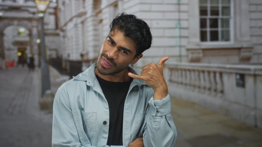 Young hispanic man makes playful call me gesture with hand in a busy city street setting; friendly invitation.