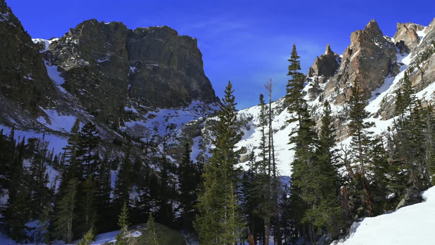 Winter snowy high winds Flattop Mountains Hallett Peak Rocky Mountain National Park RMNP Colorado sunny blue sky morning landscape high alpine Dream Lake Emerald Lake Bear Lake trail static