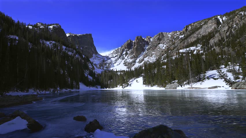 Dream Lake walking frozen ice Winter Rocky Mountain National Park RMNP Colorado sunny bluesky Hallett Peak Flattop Mountains Tyndall Glacier morning landscape high alpine Emerald Lake Bear Lake trail