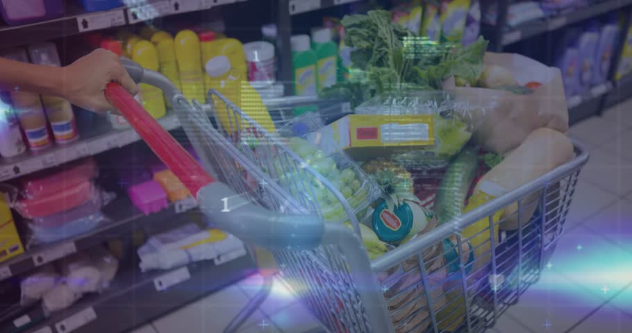Animation of data processing over caucasian man with trolley in shop. global business, shopping and digital interface concept digitally generated video.