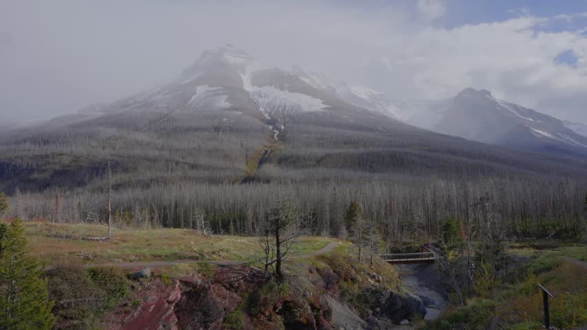 Waterton Lakes National Park landscape showcasing a mountain, mist, river, and fire damaged forest