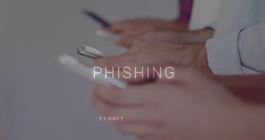 Text scrambling into PHISHING while hands holding phones animating overlays marking phishing attack. Cybersecurity, digital, technology, data, privacy, corporate, professional