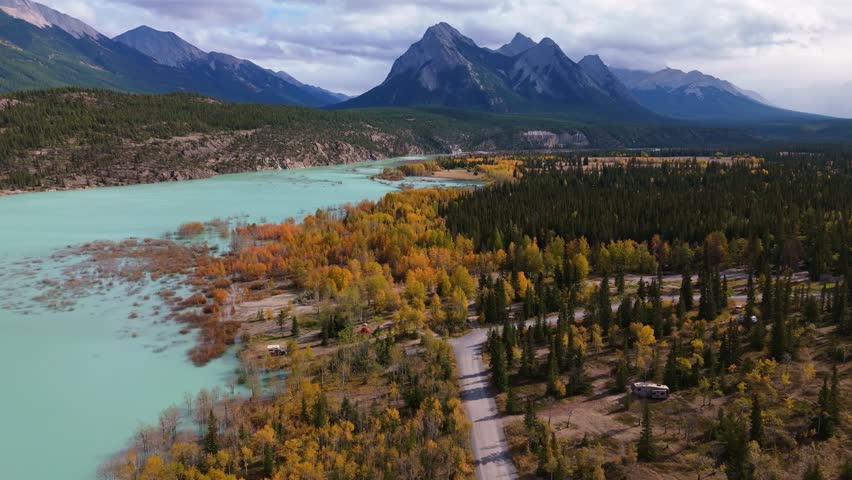 Aerial View Of The Amazing Colors Of Abraham Lake In Autumn
